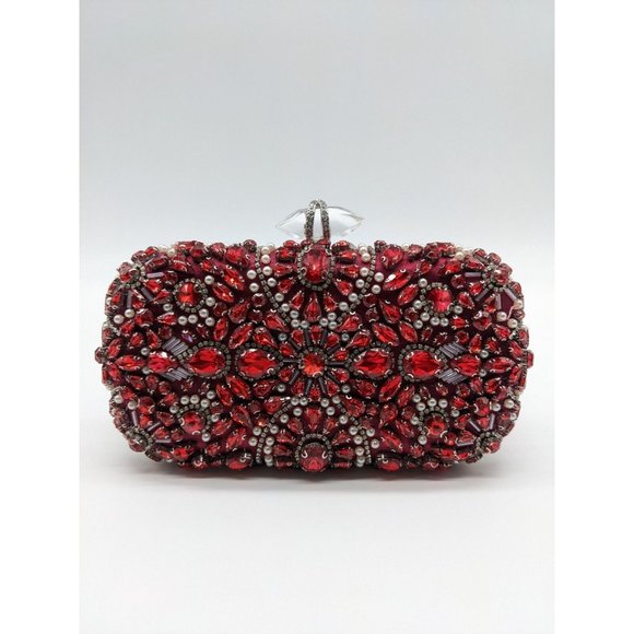 INC Ranndi beaded embellished crystal clutch minaudiere - RED/SILVER - Picture 2 of 14